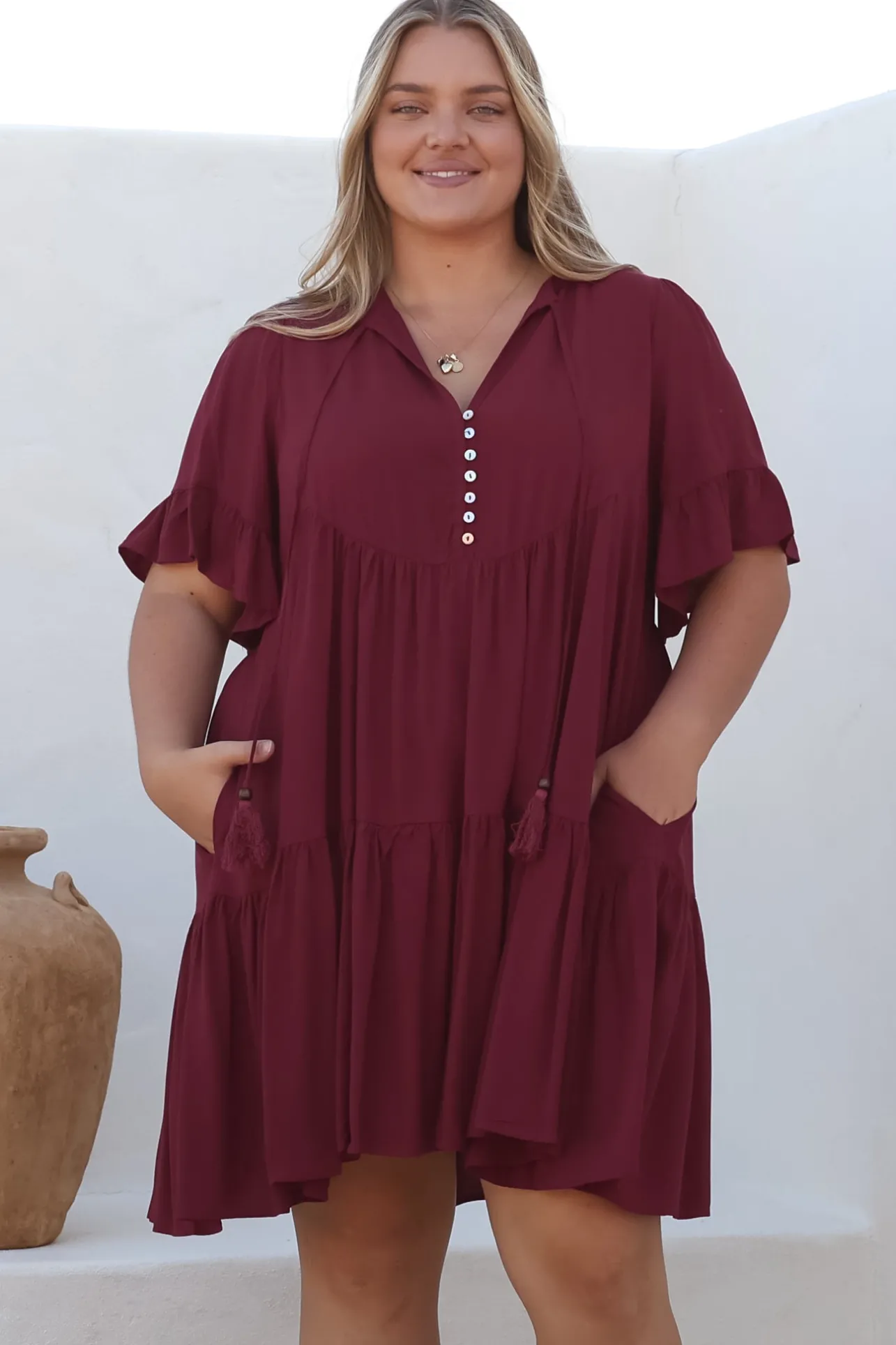 Monique Mini Dress - Mandarin Collar Smock Dress in Wine>Salty Crush Outlet