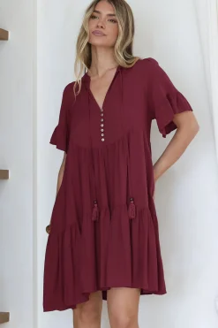 Monique Mini Dress - Mandarin Collar Smock Dress in Wine><noscript><img width=