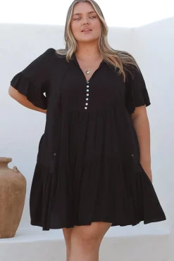Monique Mini Dress - Mandarin Collar Smock Dress in Black>Salty Crush Outlet