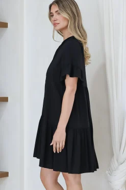 Monique Mini Dress - Mandarin Collar Smock Dress in Black><noscript><img width=
