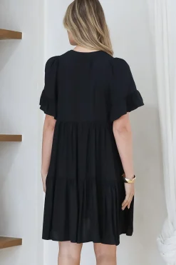 Monique Mini Dress - Mandarin Collar Smock Dress in Black><noscript><img width=