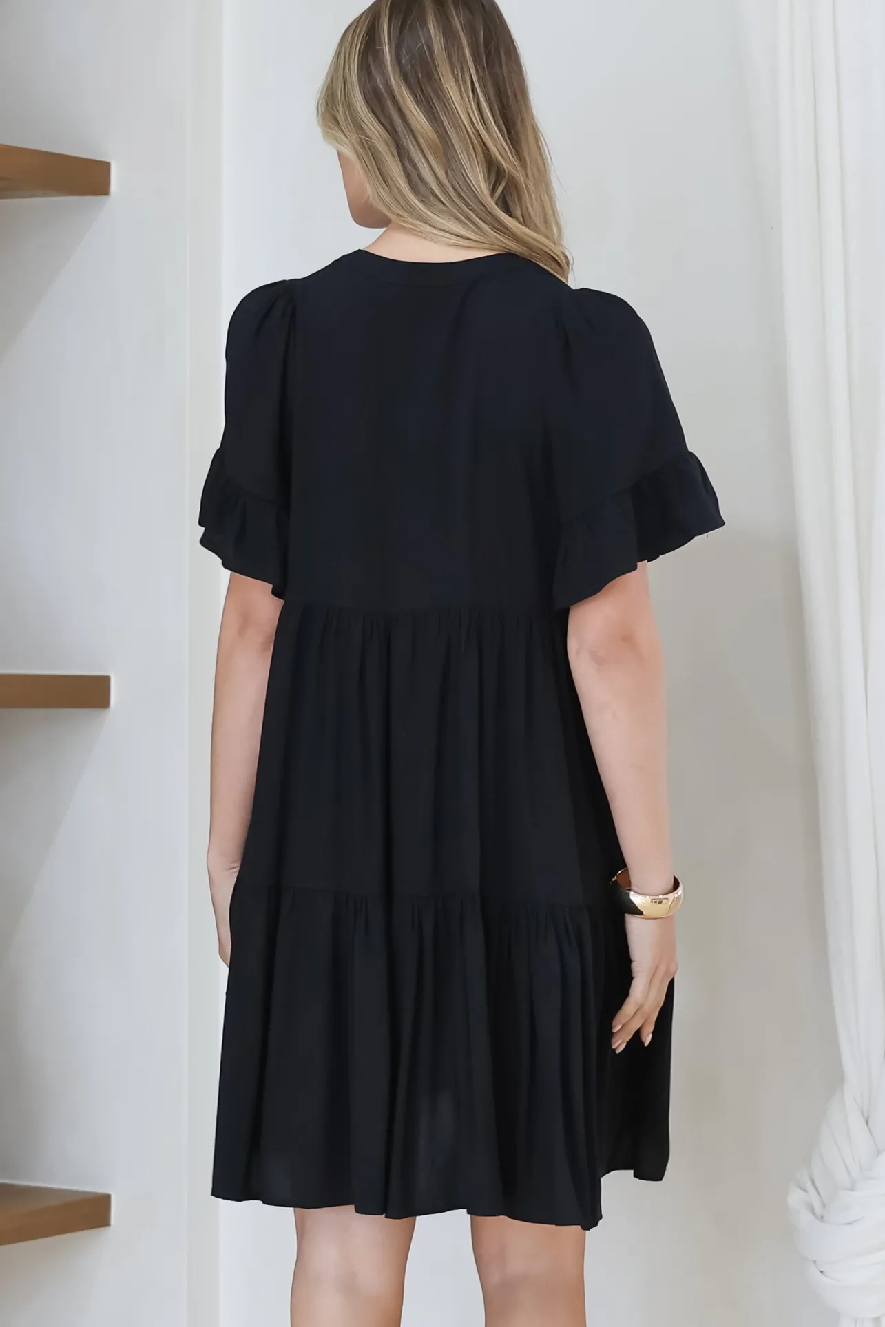 Monique Mini Dress - Mandarin Collar Smock Dress in Black>Salty Crush Outlet