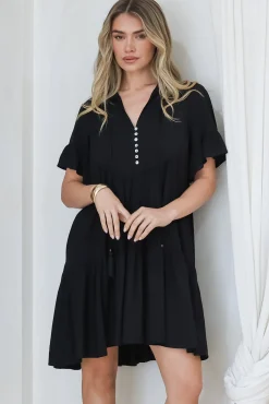 Monique Mini Dress - Mandarin Collar Smock Dress in Black><noscript><img width=