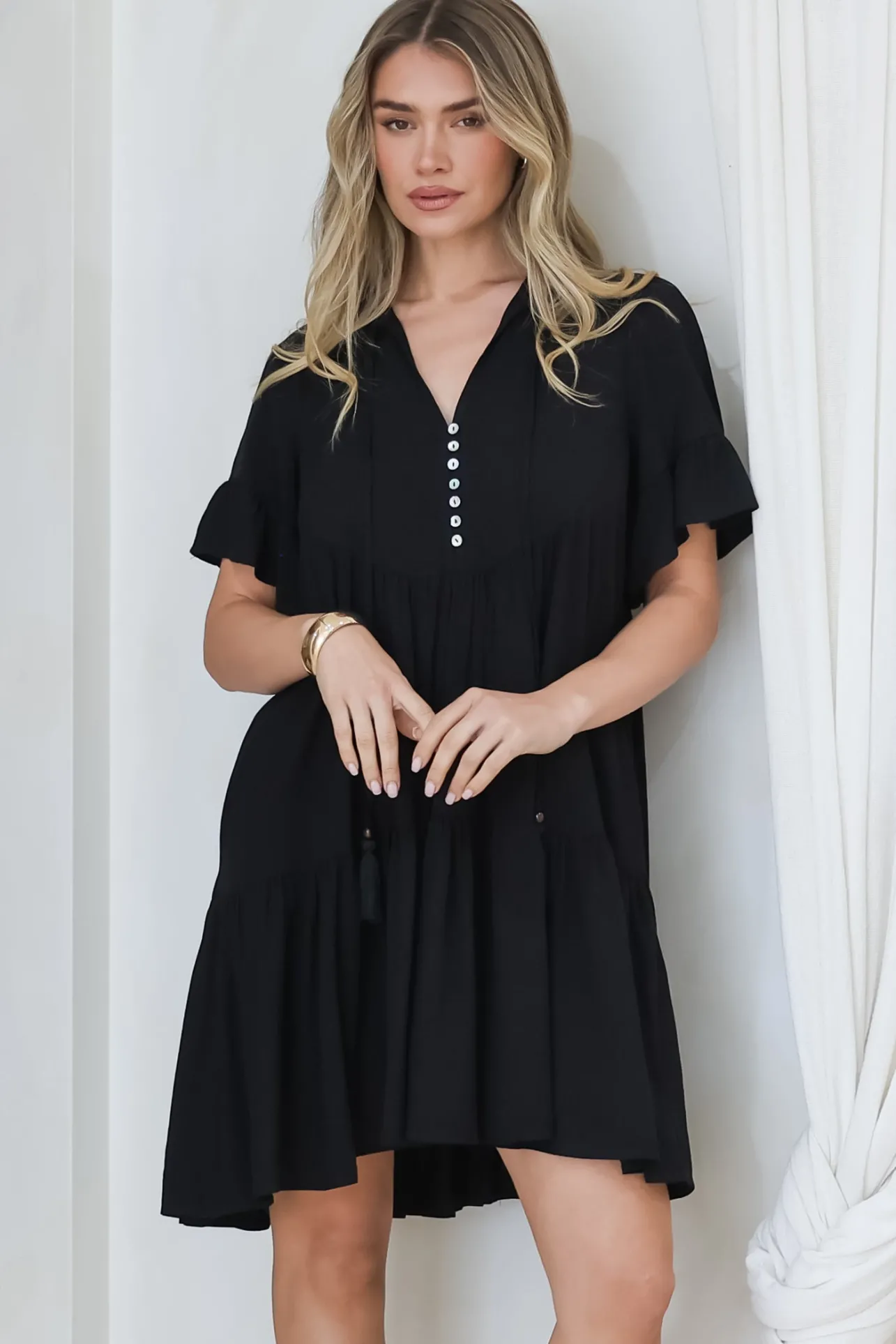 Monique Mini Dress - Mandarin Collar Smock Dress in Black>Salty Crush Outlet