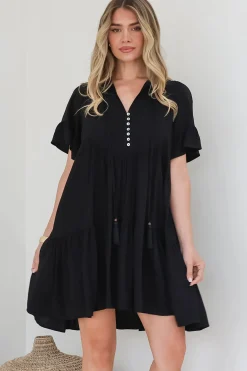 Monique Mini Dress - Mandarin Collar Smock Dress in Black><noscript><img width=