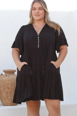 Monique Mini Dress - Mandarin Collar Smock Dress in Black><noscript><img width=