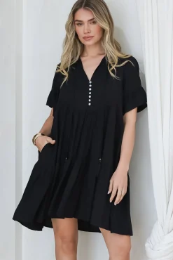Monique Mini Dress - Mandarin Collar Smock Dress in Black><noscript><img width=