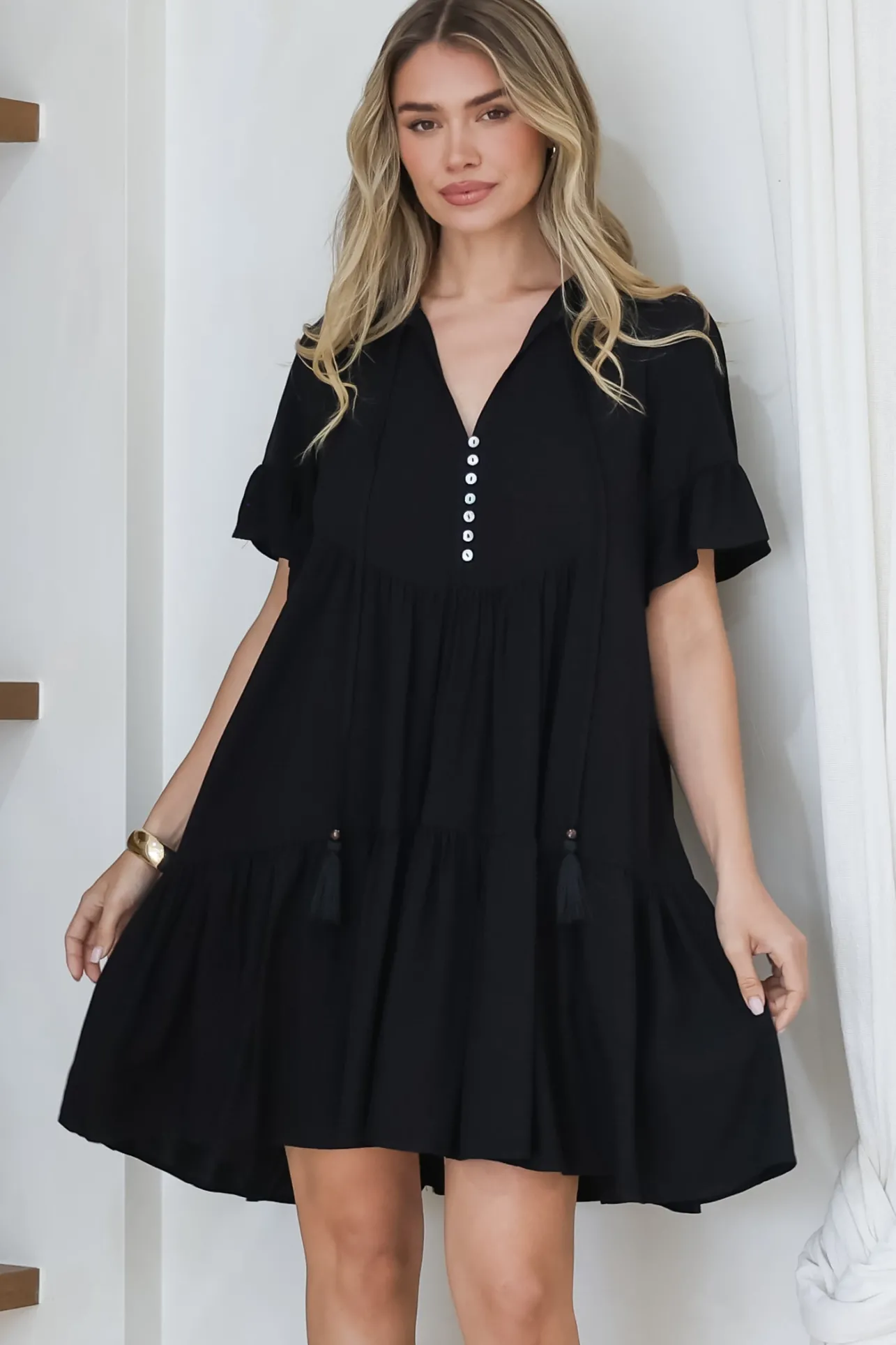 Monique Mini Dress - Mandarin Collar Smock Dress in Black>Salty Crush Outlet