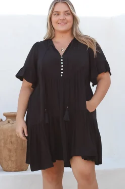 Monique Mini Dress - Mandarin Collar Smock Dress in Black><noscript><img width=