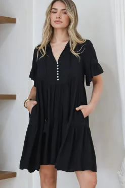 Monique Mini Dress - Mandarin Collar Smock Dress in Black><noscript><img width=