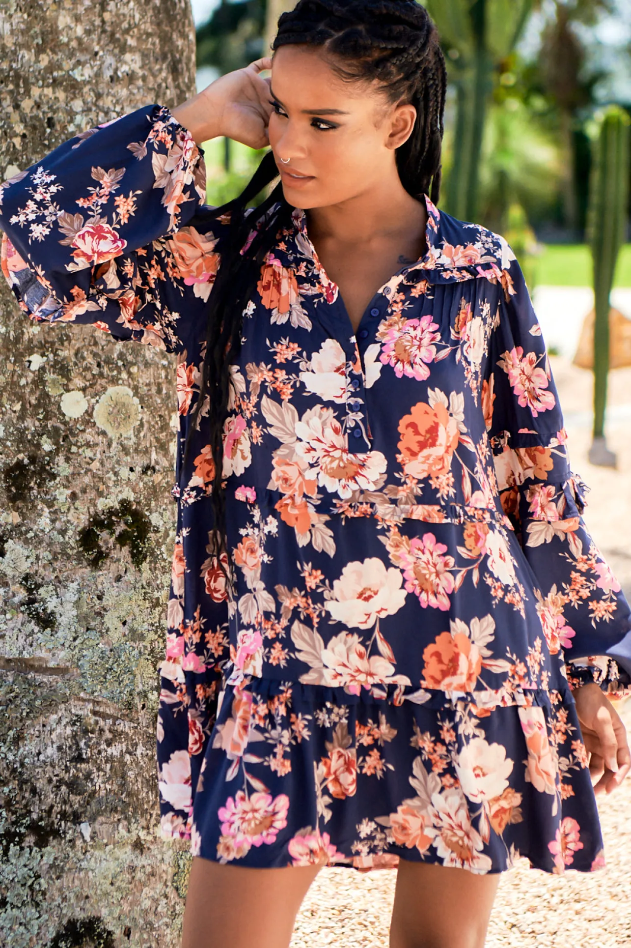 Monroe Mini Dress - Mandarin Collar with Buttoned Bodice in Navy Winter Rose Print>Jaase Outlet