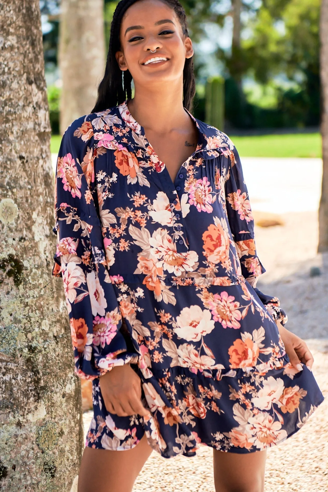 Monroe Mini Dress - Mandarin Collar with Buttoned Bodice in Navy Winter Rose Print>Jaase Outlet