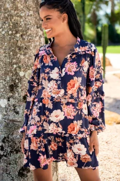 Monroe Mini Dress - Mandarin Collar with Buttoned Bodice in Navy Winter Rose Print><noscript><img width=
