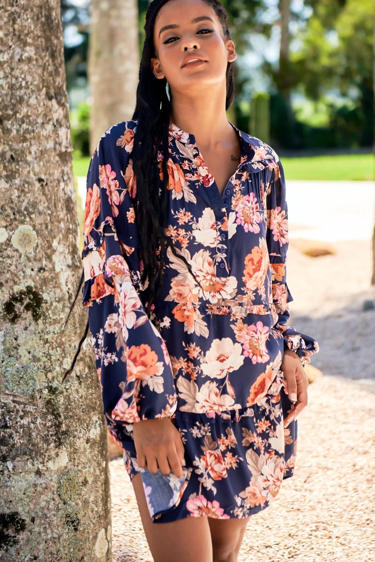Monroe Mini Dress - Mandarin Collar with Buttoned Bodice in Navy Winter Rose Print>Jaase Outlet