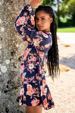 Monroe Mini Dress - Mandarin Collar with Buttoned Bodice in Navy Winter Rose Print><noscript><img width=