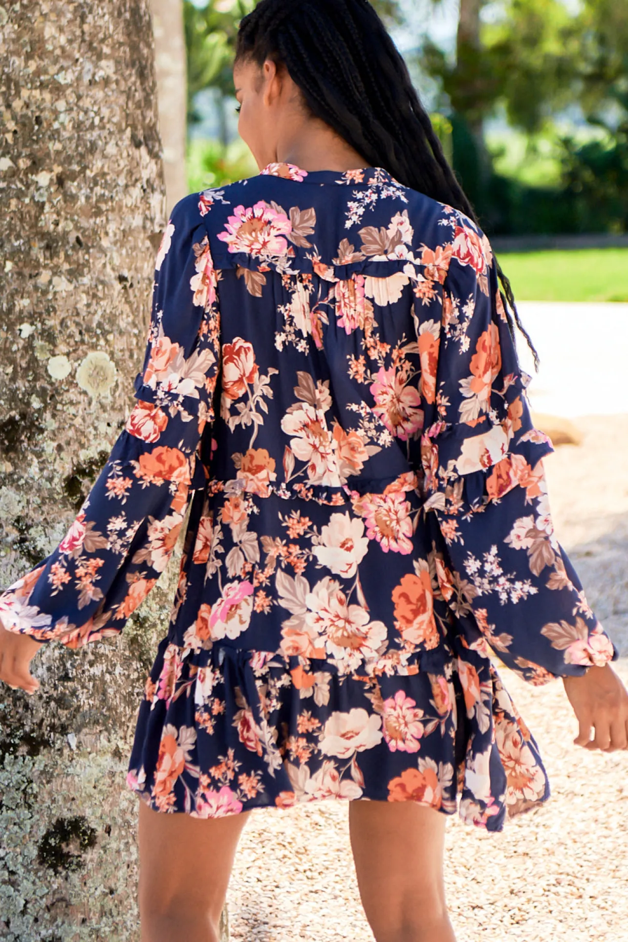 Monroe Mini Dress - Mandarin Collar with Buttoned Bodice in Navy Winter Rose Print>Jaase Outlet