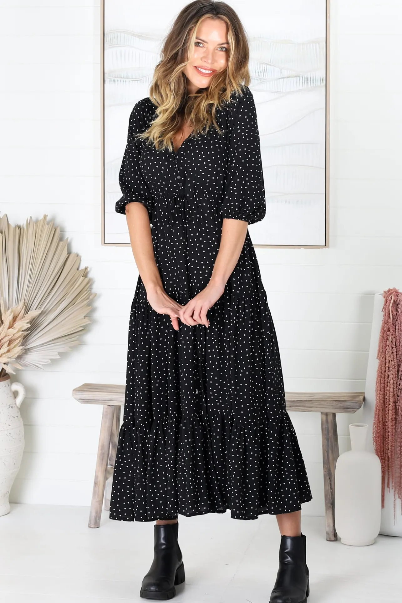 Montania Maxi Dress - Buttoned Bodice Pull in Waist Dress>Salty Crush Clearance