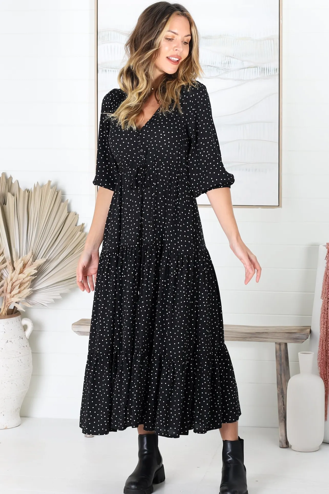 Montania Maxi Dress - Buttoned Bodice Pull in Waist Dress>Salty Crush Clearance