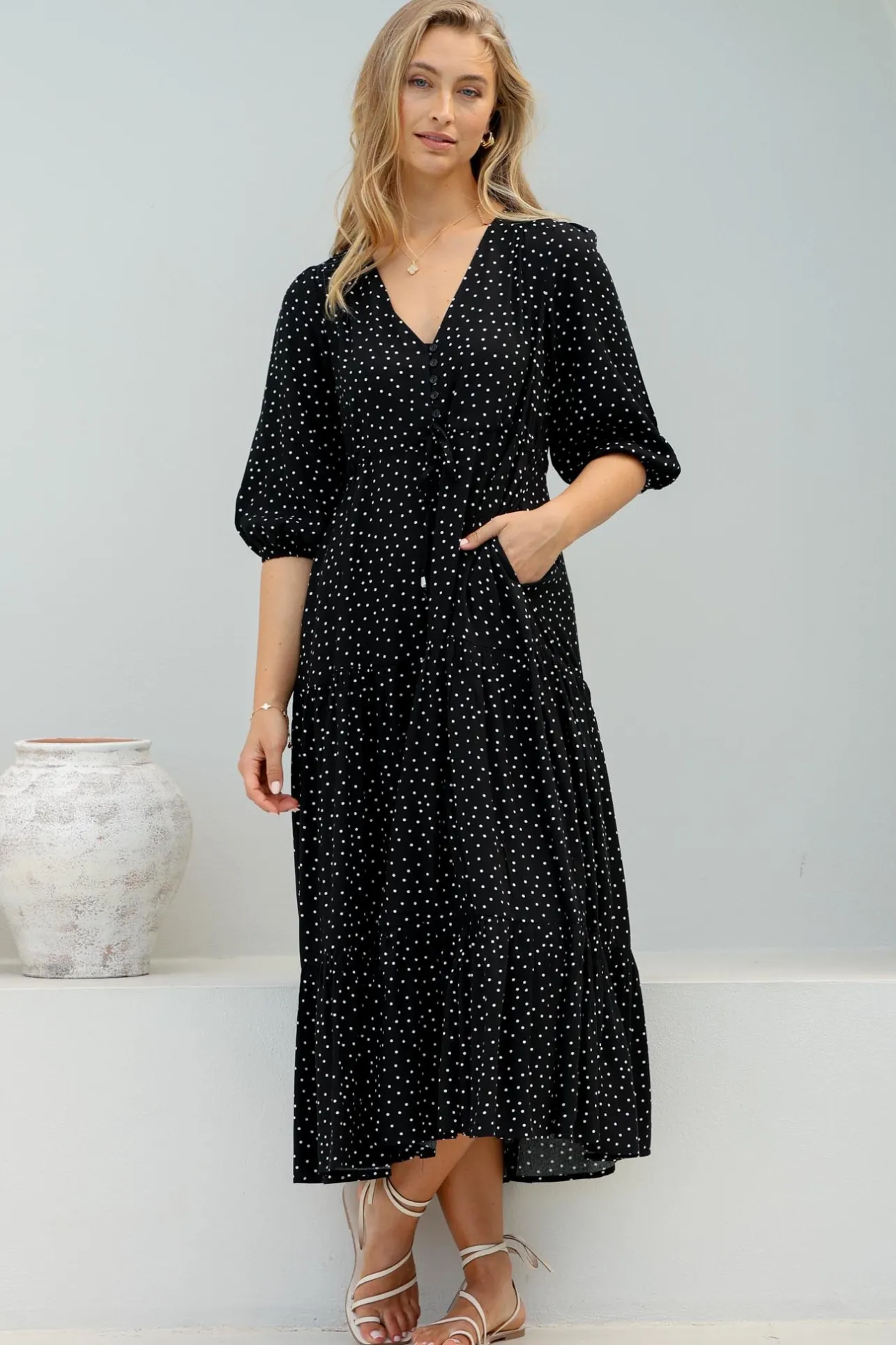 Montania Maxi Dress - Buttoned Bodice Pull in Waist Dress>Salty Crush Clearance