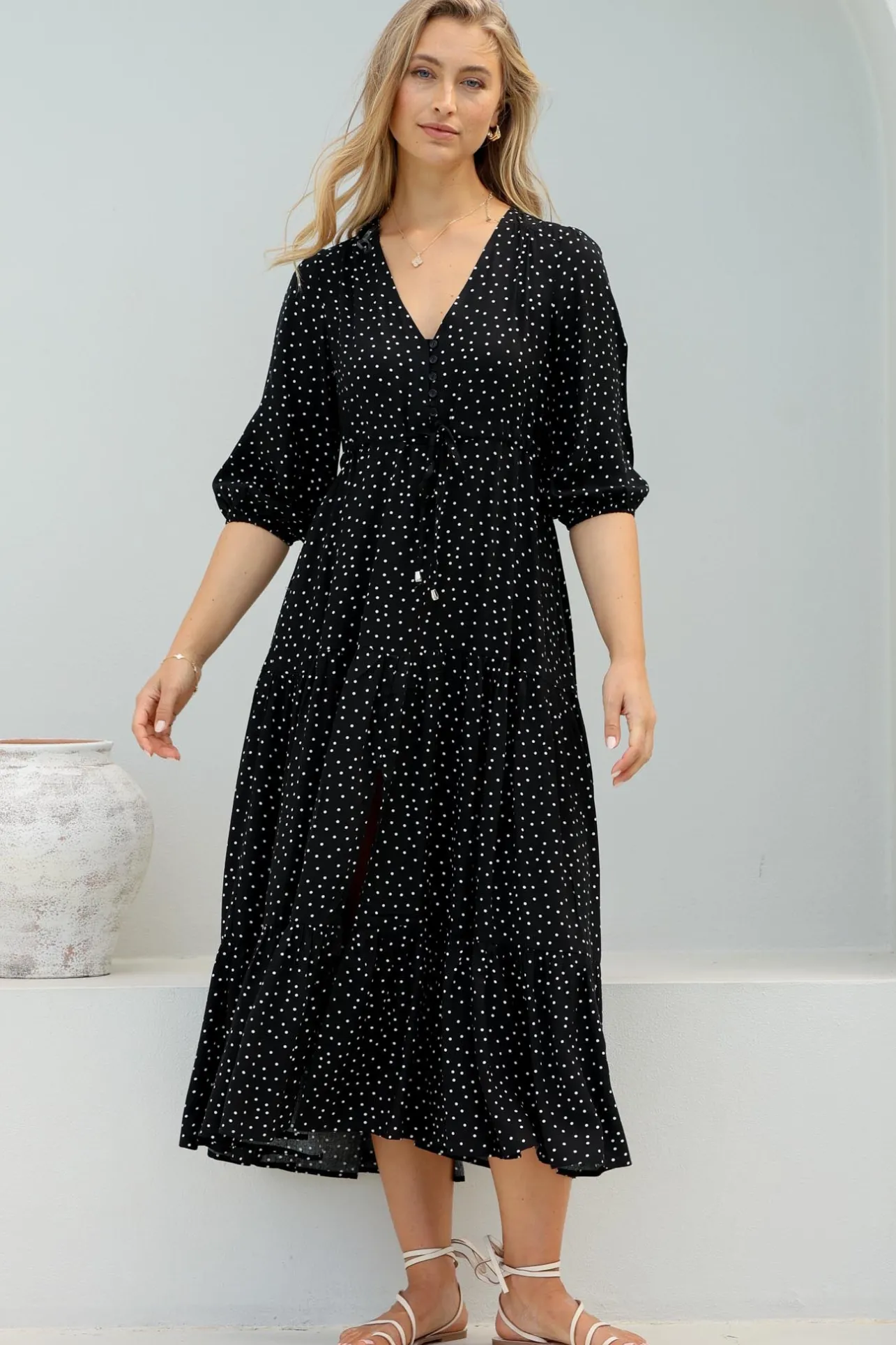 Montania Maxi Dress - Buttoned Bodice Pull in Waist Dress>Salty Crush Clearance