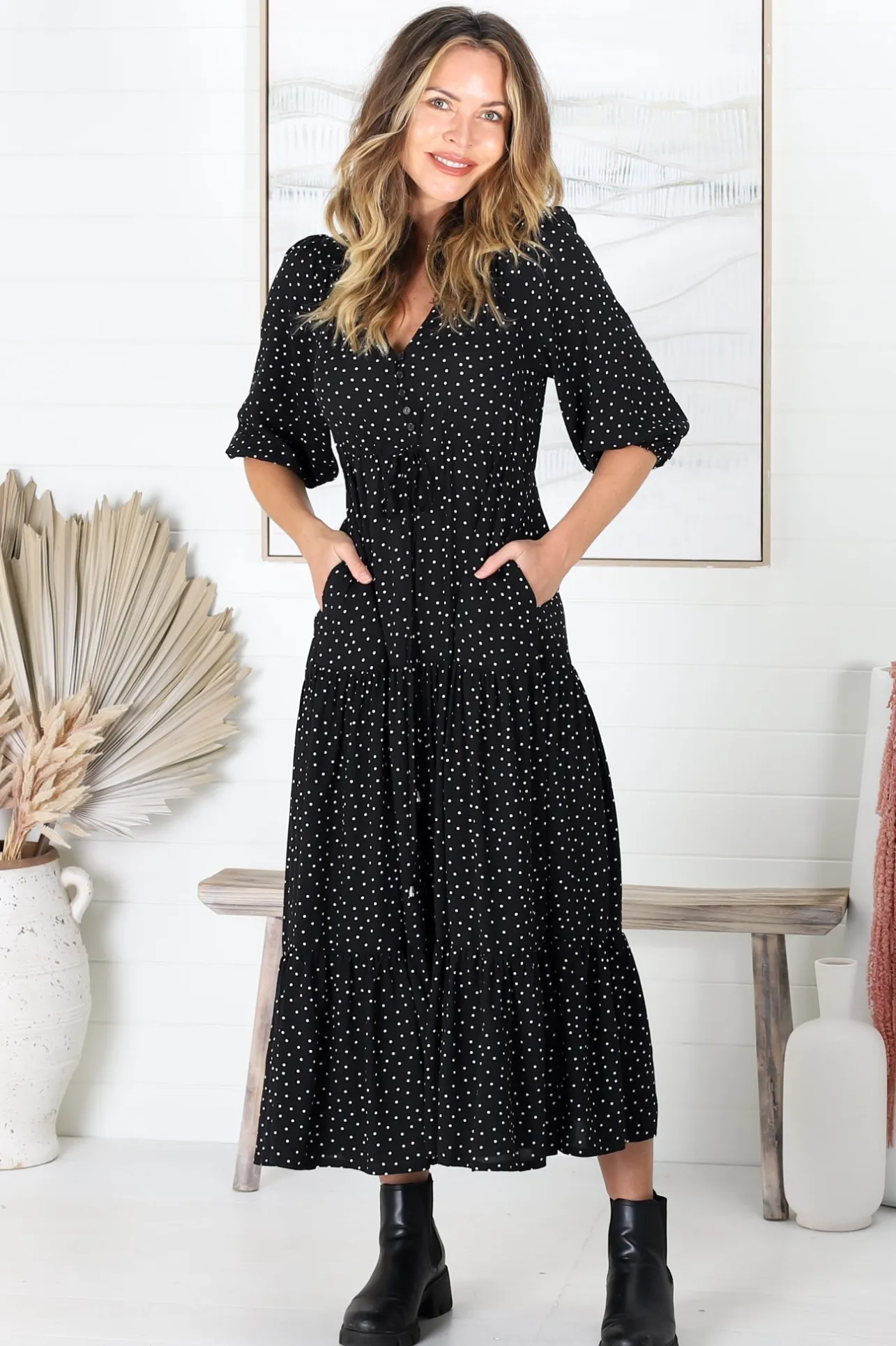 Montania Maxi Dress - Buttoned Bodice Pull in Waist Dress>Salty Crush Clearance