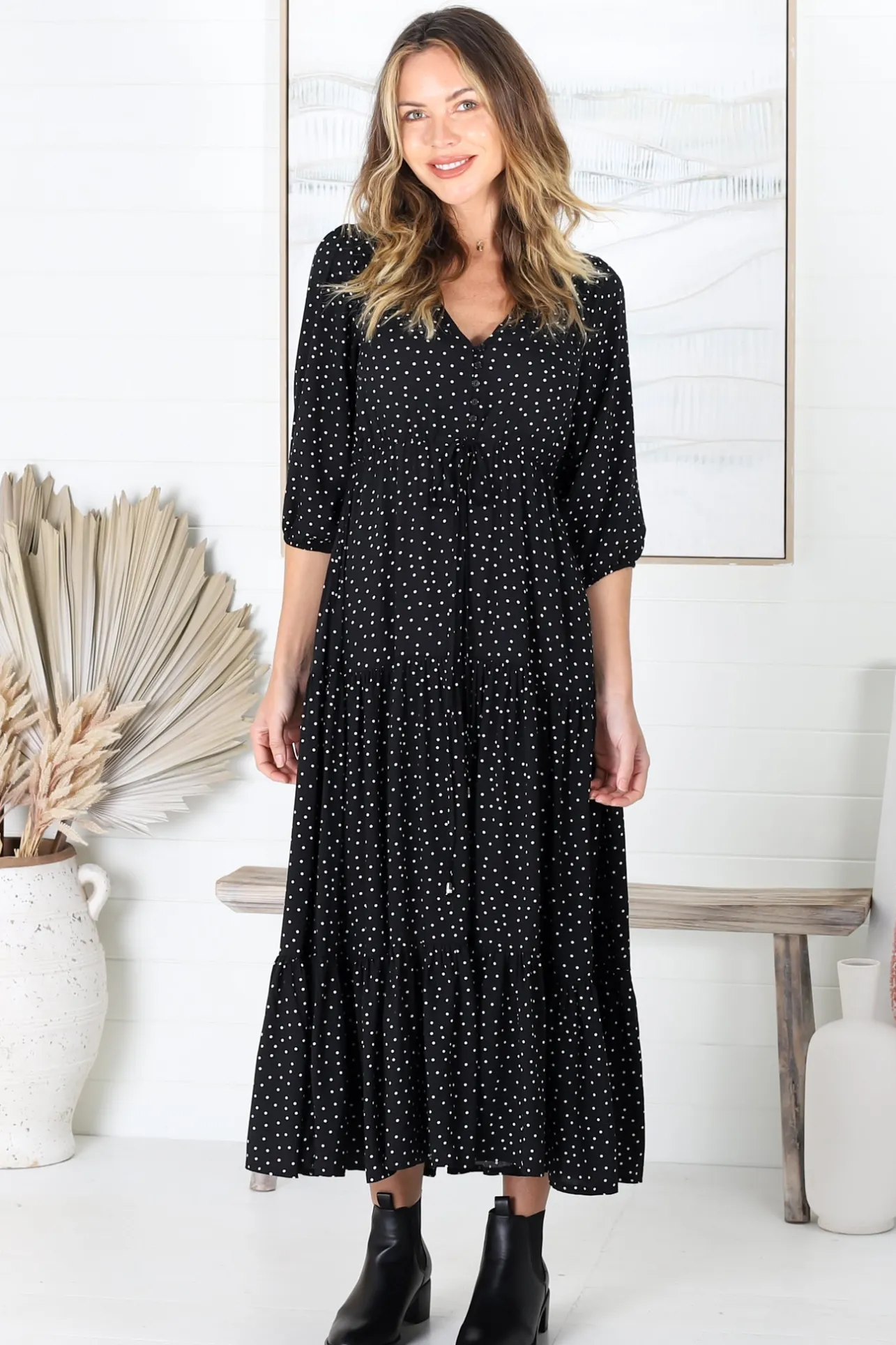 Montania Maxi Dress - Buttoned Bodice Pull in Waist Dress>Salty Crush Clearance
