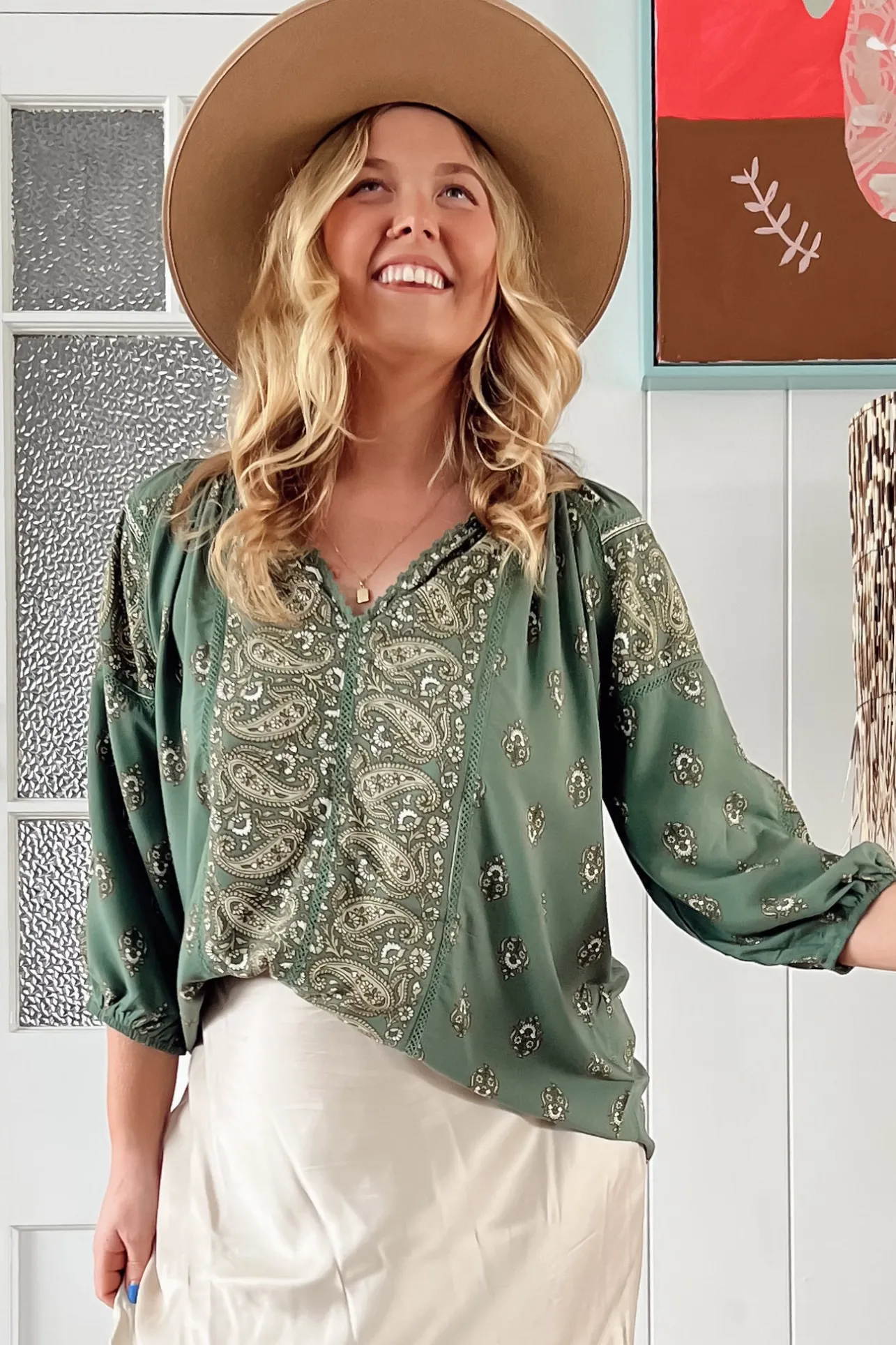 Montie Blouse - Mandarin Collar Lace Trim Detailed Top in Viridian Print>Jaase Outlet