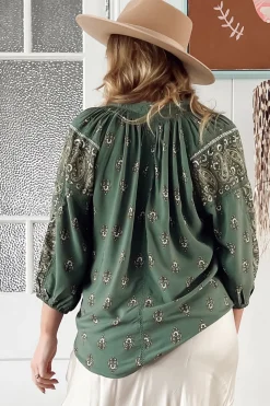 Montie Blouse - Mandarin Collar Lace Trim Detailed Top in Viridian Print><noscript><img width=
