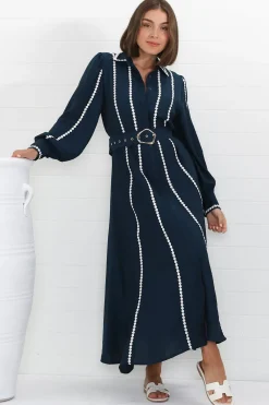 Monty Maxi Dress - Contrast Detailing Button Down Dress with Belt in Navy>Salty Crush