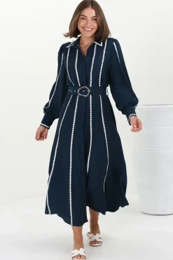 Monty Maxi Dress - Contrast Detailing Button Down Dress with Belt in Navy><noscript><img width=