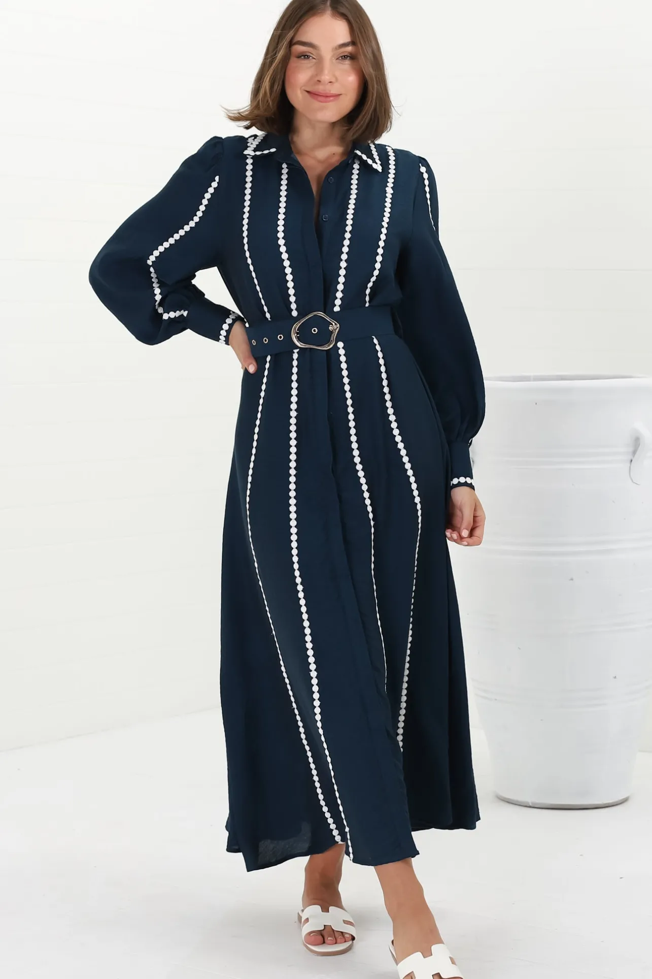 Monty Maxi Dress - Contrast Detailing Button Down Dress with Belt in Navy>Salty Crush