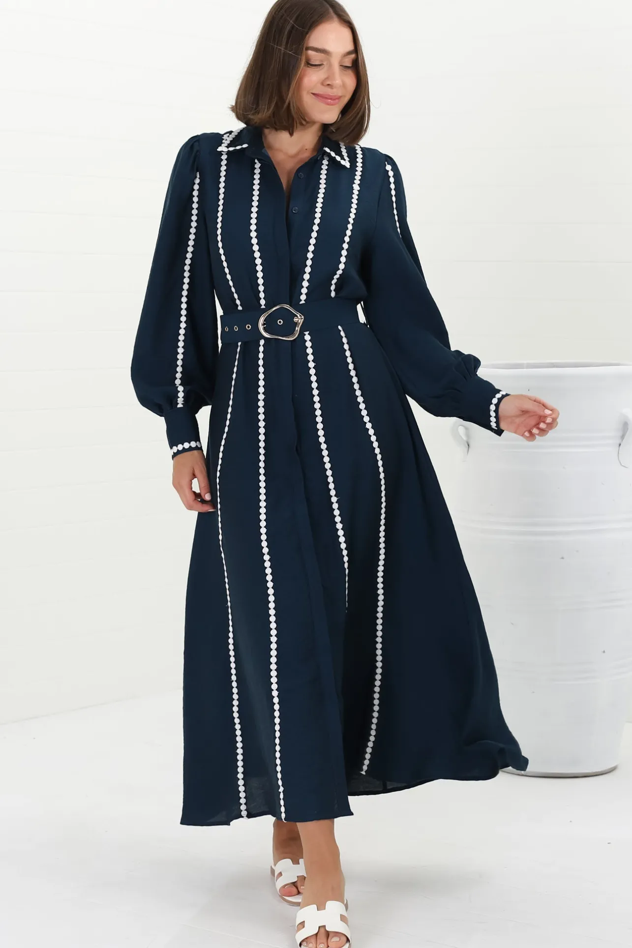 Monty Maxi Dress - Contrast Detailing Button Down Dress with Belt in Navy>Salty Crush