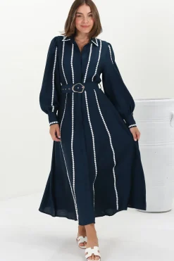 Monty Maxi Dress - Contrast Detailing Button Down Dress with Belt in Navy><noscript><img width=