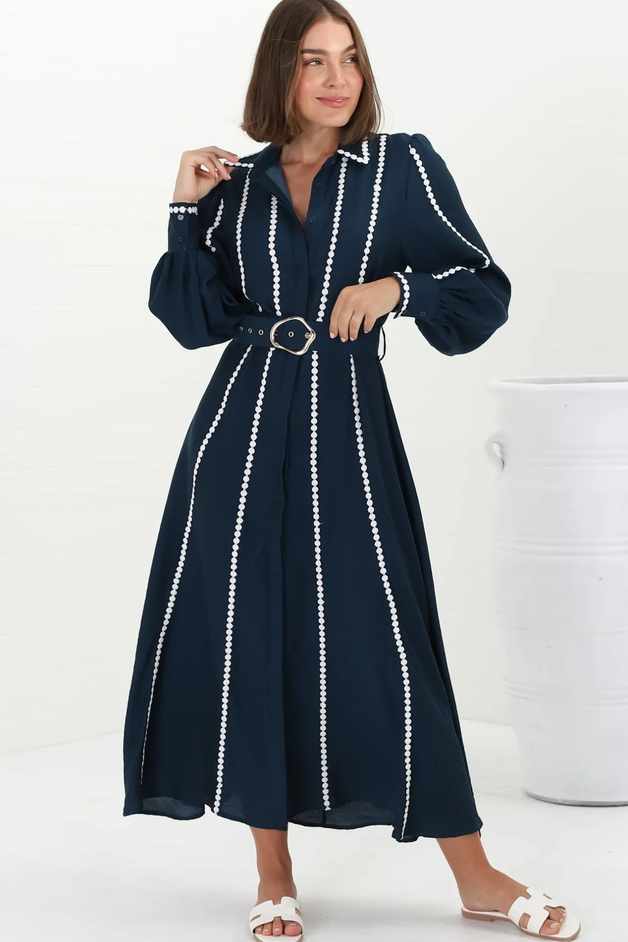 Monty Maxi Dress - Contrast Detailing Button Down Dress with Belt in Navy>Salty Crush