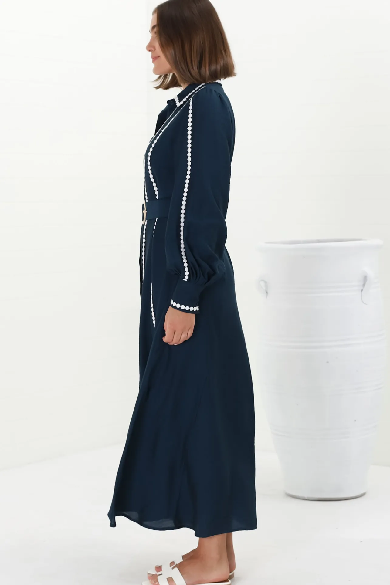 Monty Maxi Dress - Contrast Detailing Button Down Dress with Belt in Navy>Salty Crush