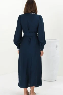 Monty Maxi Dress - Contrast Detailing Button Down Dress with Belt in Navy><noscript><img width=
