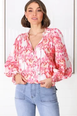 Moree Blouse - Frill Collar Neck Tie Button Down Shirt in Franc Print Pink>Salty Crush Online