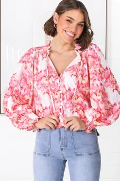 Moree Blouse - Frill Collar Neck Tie Button Down Shirt in Franc Print Pink><noscript><img width=