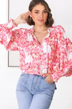 Moree Blouse - Frill Collar Neck Tie Button Down Shirt in Franc Print Pink><noscript><img width=