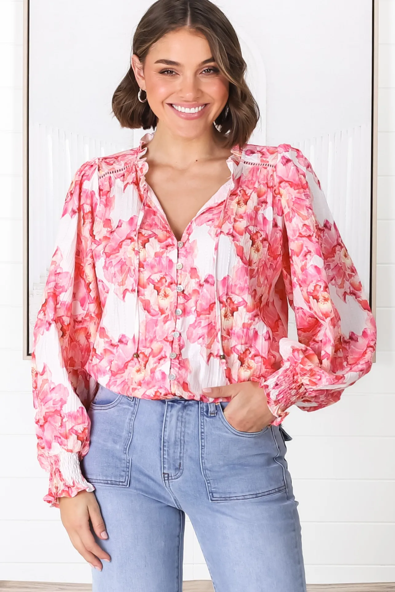 Moree Blouse - Frill Collar Neck Tie Button Down Shirt in Franc Print Pink>Salty Crush Online