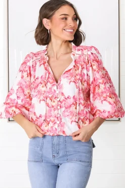 Moree Blouse - Frill Collar Neck Tie Button Down Shirt in Franc Print Pink><noscript><img width=