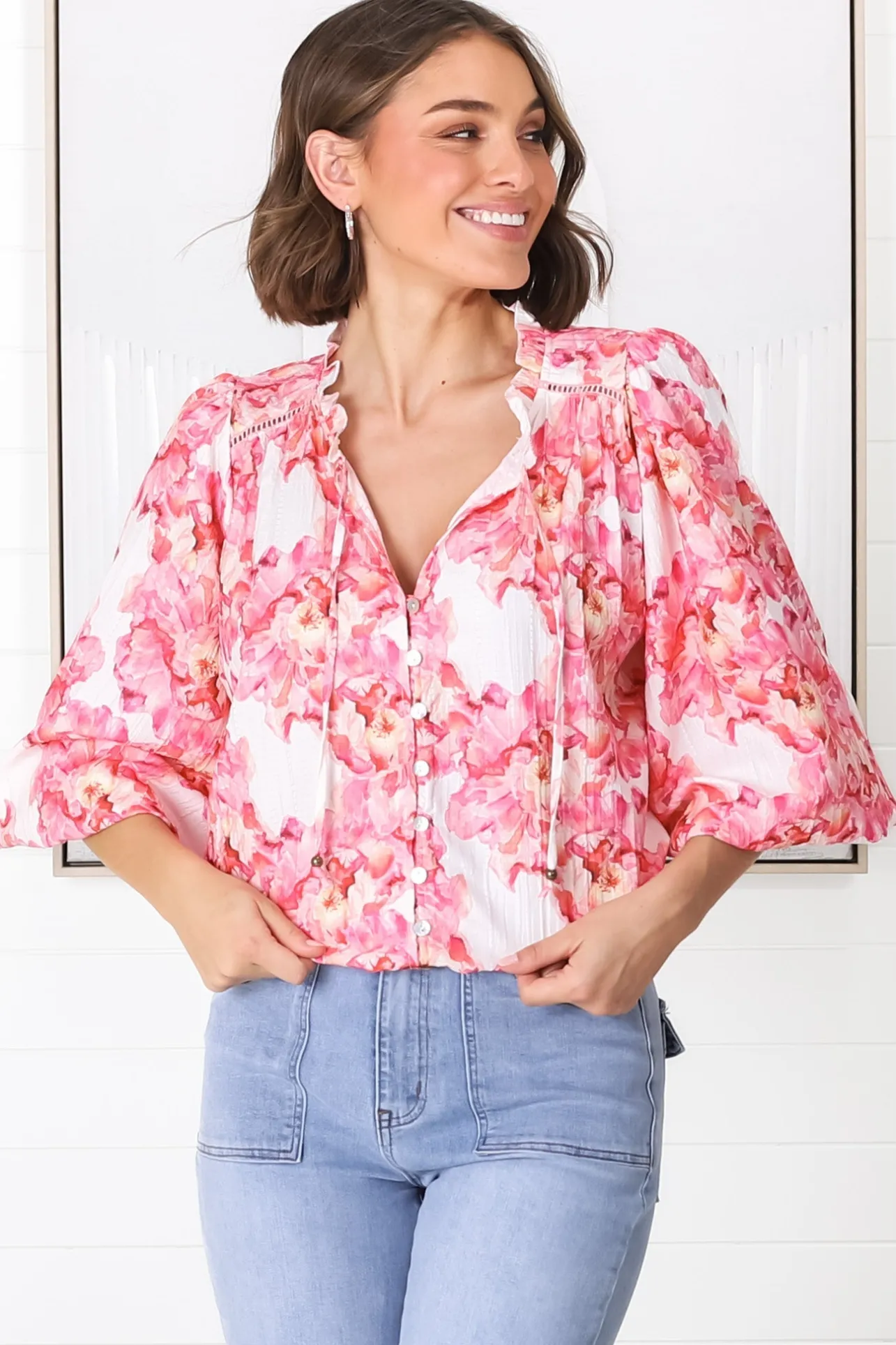 Moree Blouse - Frill Collar Neck Tie Button Down Shirt in Franc Print Pink>Salty Crush Online