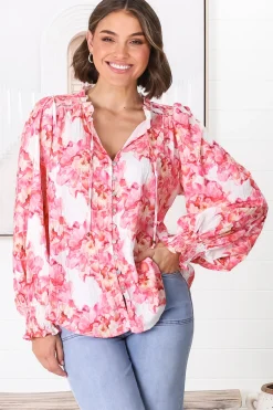 Moree Blouse - Frill Collar Neck Tie Button Down Shirt in Franc Print Pink><noscript><img width=