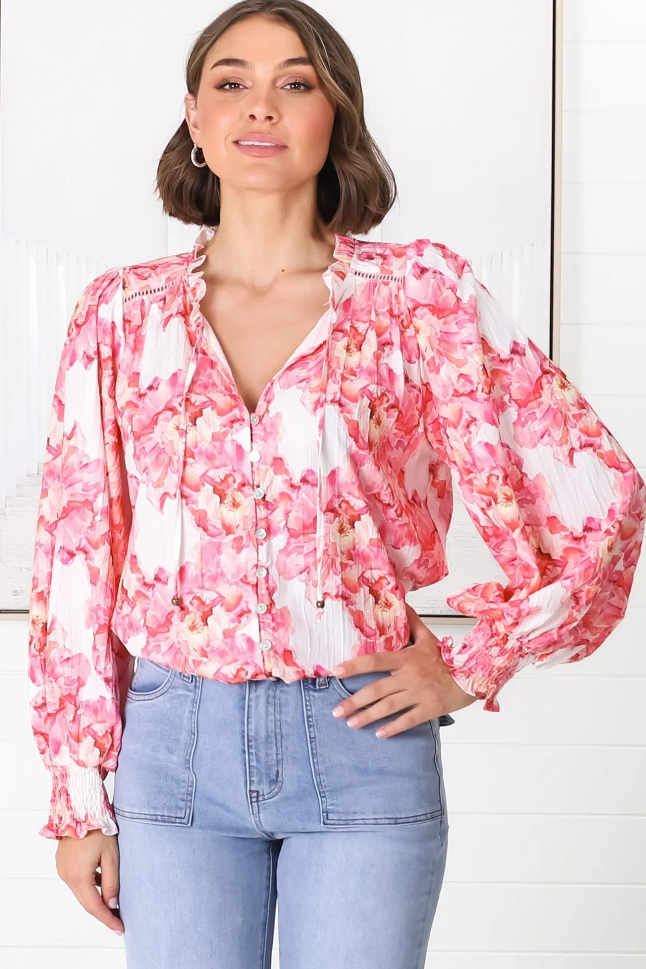 Moree Blouse - Frill Collar Neck Tie Button Down Shirt in Franc Print Pink>Salty Crush Online