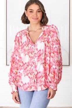 Moree Blouse - Frill Collar Neck Tie Button Down Shirt in Franc Print Pink><noscript><img width=