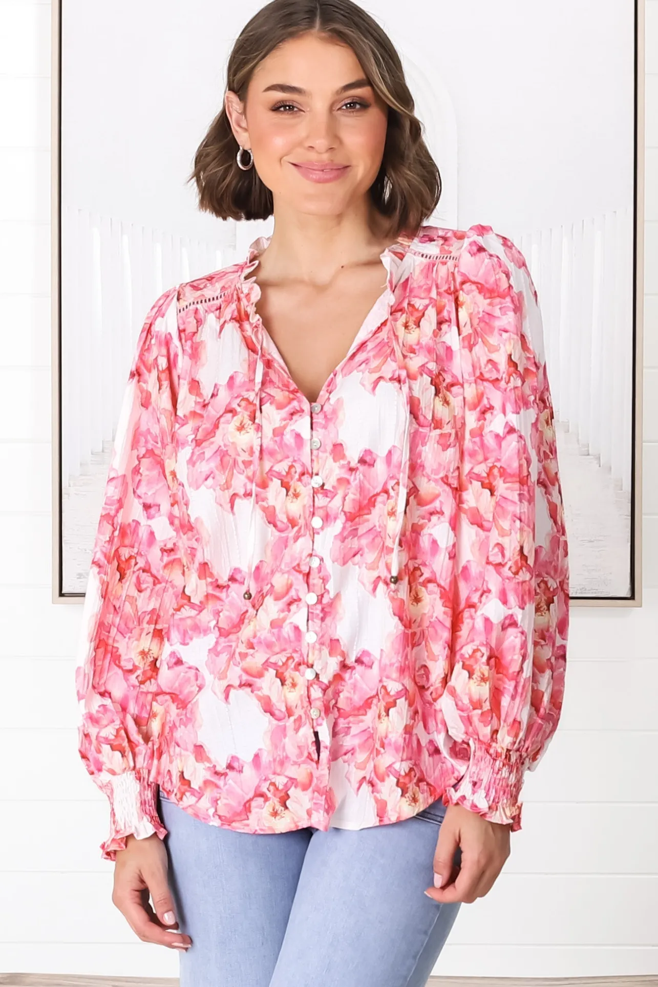 Moree Blouse - Frill Collar Neck Tie Button Down Shirt in Franc Print Pink>Salty Crush Online