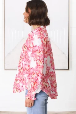 Moree Blouse - Frill Collar Neck Tie Button Down Shirt in Franc Print Pink><noscript><img width=