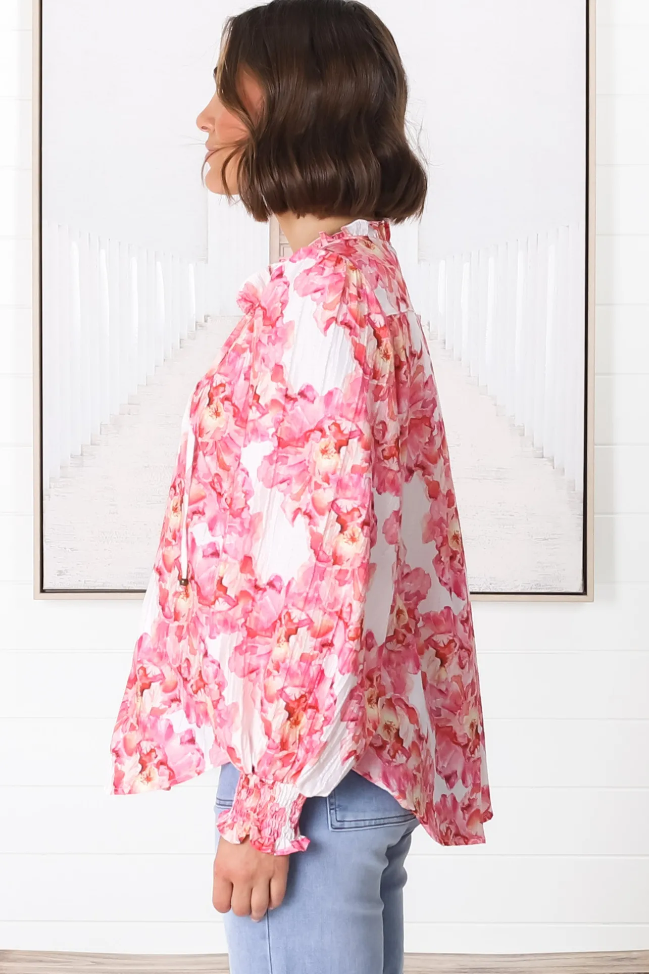 Moree Blouse - Frill Collar Neck Tie Button Down Shirt in Franc Print Pink>Salty Crush Online