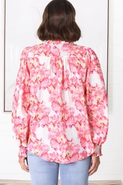 Moree Blouse - Frill Collar Neck Tie Button Down Shirt in Franc Print Pink><noscript><img width=