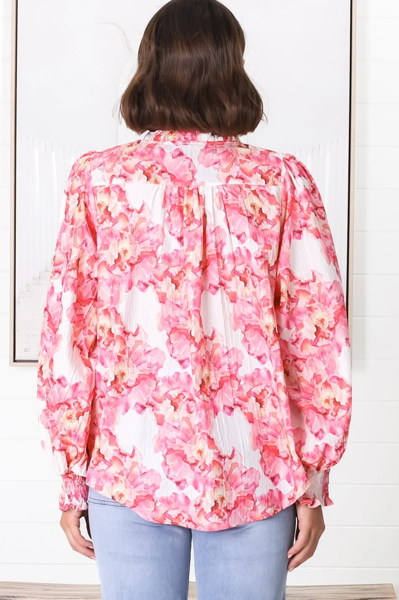 Moree Blouse - Frill Collar Neck Tie Button Down Shirt in Franc Print Pink>Salty Crush Online